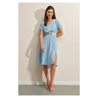 Bigdart 2378 V-Neck Knitted Dress with Slits - Blue
