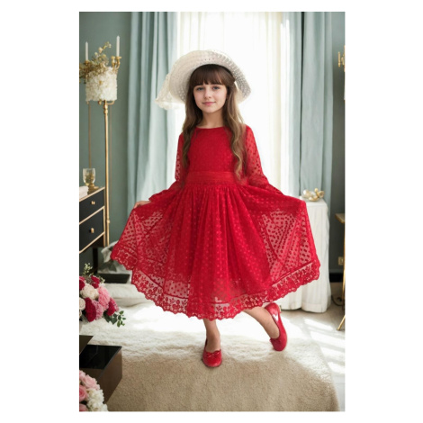 N8712 Dewberry Princess Model Girls Dress with Hat & Lace-RED