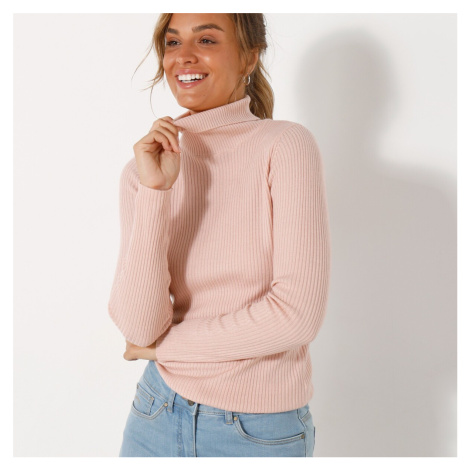 Blancheporte Žebrovaný pulovr s rolákem růžová pudrová
