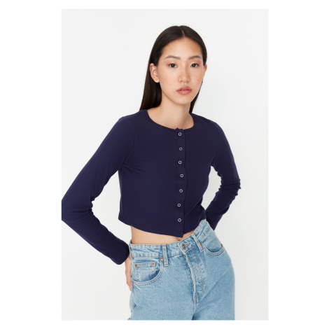 Trendyol Navy Blue Button Detailed Crop Crew Neck Ribbed Stretch Knitted Blouse