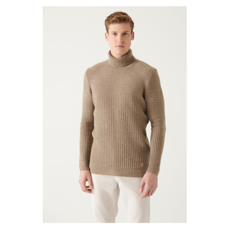 Avva Men's Mink Full Turtleneck Textured Regular Fit Knitwear Sweater