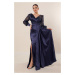 By Saygı Navy Blue Double Breasted Collar Sleeve Tulle Glitter Embroidered Front Pleated Lined L