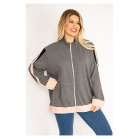 Şans Women's Large Size Gray Front Zippered Kangaroo Pocket Sweatshirt Coat