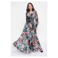 By Saygı Double Breasted Neck Long Sleeve Lined Floral Print Chiffon Long Dress Green