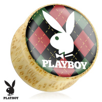 Plug do ucha z bambusového dřeva, zajíček Playboy na károvaném podkladu - Tloušťka : 8 mm
