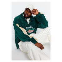 Trendyol Emerald Green Unisex Oversize Stand Collar City Embroidered Fleece Sweatshirt