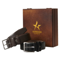 ALTINYILDIZ CLASSICS Men's Black-brown Special Wooden Gift Boxed 2-Piece Casual Belt Set Groom's