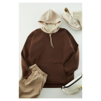 Trendyol Brown Oversize/Wide Cut Hooded Printed Fleece/Warm Sweatshirt