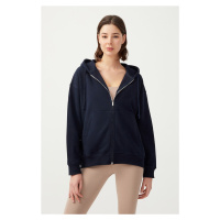 LOS OJOS Women's Navy Blue Hooded Oversized Rayon Zipper Knitted Sweatshirt.