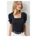 Happiness İstanbul Women's Black Square Neck Balloon Sleeve Knitted Blouse