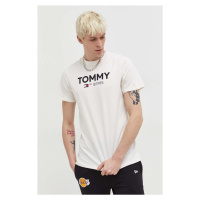 Bavlněné tričko Tommy Jeans béžová barva, s potiskem, DM0DM18264