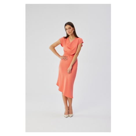 S362 Asymetrické pouzdrové šaty s kapucí - oranžové