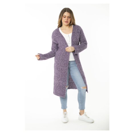 Şans Women's Large Size Purple Slit Thick Knitwear Long Cardigan