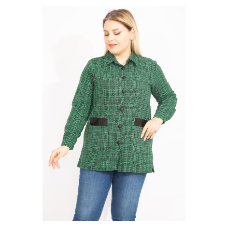 Şans Women's Plus Size Green Bouquette Unlined Jacket with Woven Fabric Faux Leather with Garnis