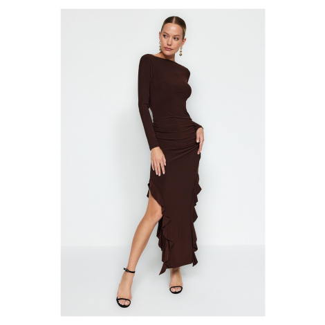 Trendyol Brown Flounce Boat Rock Maxi Flexible Knitted Dress