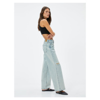 Koton Straight Wide Leg Low Waist Denim Trousers Frayed Pocket Cotton - Loose Straight Jeans