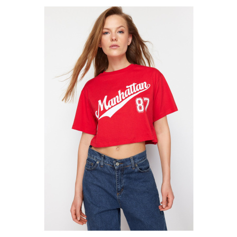 Trendyol Red 100% Cotton Slogan Printed Relaxed/Comfortable Fit Crop Knitted T-Shirt
