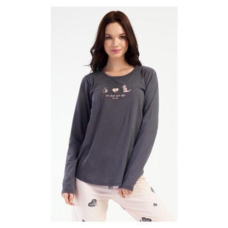 Dámské pyžamo dlouhé Vienetta Secret Kočka | světle lososová