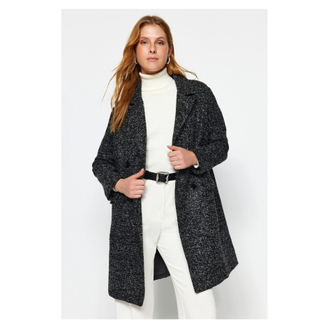 Trendyol Oversized Black Oversized Wide-Cut Potištěný dlouhý razítkovaný kabát