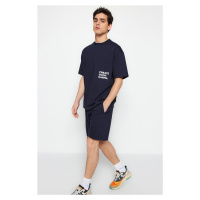 Trendyol Navy Blue Tracksuit Relaxed/Comfortable Cut Text Printed Cotton