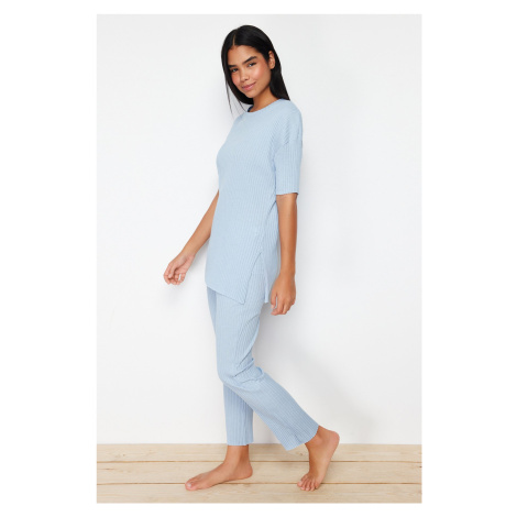 Trendyol Blue Cotton Ribbed Slit Detailed Knitted Pajamas Set