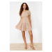 Trendyol Stone Balloon Sleeve Detailed Skater/Waist Open Textured Fabric Knitted Mini Dress