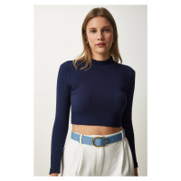 Happiness İstanbul Women's Navy Blue Corded Turtleneck Crop Knitted Blouse
