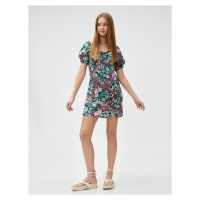 Koton Floral Dress Mini Balloon Sleeve Square Neck Draped