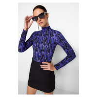Trendyol Purple Printed Fitted/Situated Collar Long Sleeve Crepetail/Textured Knitted Blouse