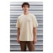 GRIMELANGE Darell Men's Oversize Fit 100% Cotton Thick Textured Printed Beige T-shir