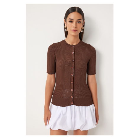 Happiness İstanbul Women's Brown Openwork Seasonal Knitwear Cardigan