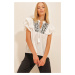 Trend Alaçatı Stili Women's Ecru Embroidered Woven Blouse with Ruffles on the Embroidered Sleeve