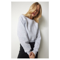 Happiness İstanbul Women's Gray Melange Framed Crop Sweatshirt