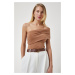 Happiness İstanbul Women's Biscuit One-Shoulder Gathered Knitted Blouse