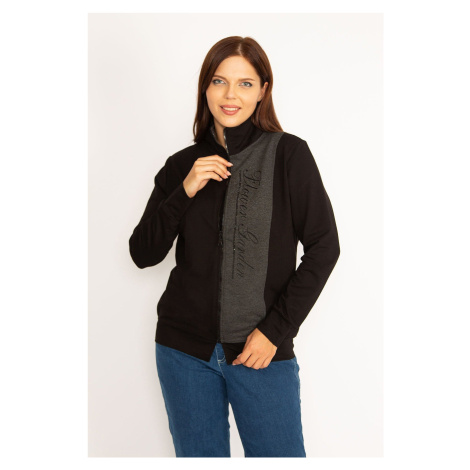 Şans Women's Plus Size Black Front Zipper And Stone Detailed Sweatshirt