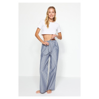 Trendyol Premium Blue Striped Lacing Detailed Viscose Wide Fit Woven Pajama Bottoms