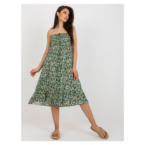 Tmavě zelené květované midi šaty bez ramínek Fashionhunters