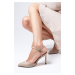 Mio Gusto Lucia Women's Beige Heeled Shoes with Suede Ankle Band and Buckles at the Side.