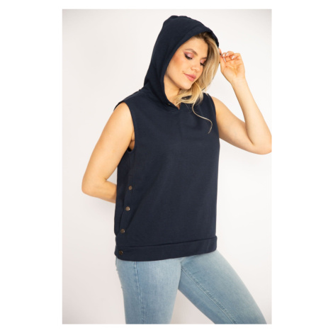 Şans Women's Plus Size Navy Blue Sleeveless Sweatshirt with Slits on the Side.