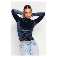 Trendyol Petrol Draped Fitted/Sleeved High Neck Velvet Knitted Blouse