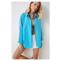 Happiness İstanbul Women's Blue Oversize Long Basic Shirt