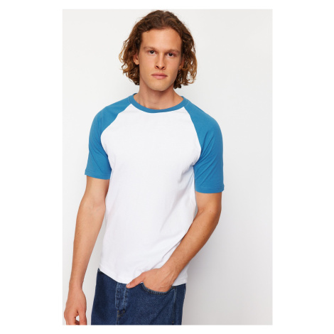 Trendyol Blue Regular/Regular Fit Black Sleeve Paneled 100% Cotton Short Sleeve T-Shirt