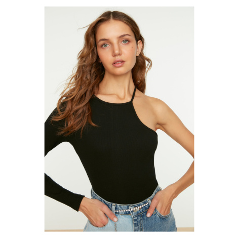 Trendyol Black Corduroy Fitted/Placed Crew-neck One-Sleeve Flexible Knitted Blouse