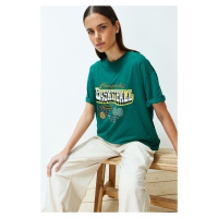 Trendyol Emerald Green Oversize Printed Crew Neck Short Sleeve Knitted T-Shirt