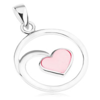 Stříbrný 925 přívěsek, obrys kruhu, zrcadlový lesk, srdíčko, růžová perleť