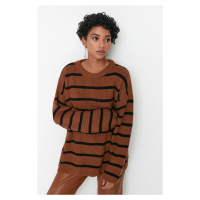 Trendyol Camel široký vzor pruhovaný pletený svetr
