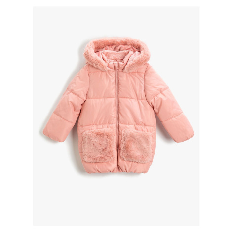 Koton Long Puffer Coat Plush Detailed With Pocket