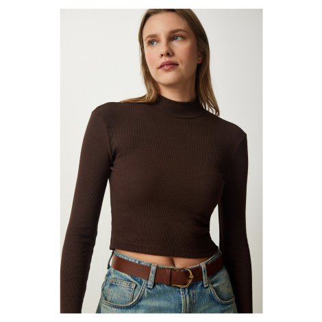 Happiness İstanbul Women's Dark Brown Corded Turtleneck Crop Knitted Blouse