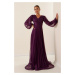 By Saygı Front Back V-Neck Balloon Sleeves Pleated Long Tulle Dress Plum
