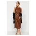 Trendyol Brown Straight Cut Midi Slit Sleeveless Woven Faux Leather Dress